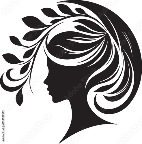 Elegant female silhouette with floral flowing hair in vector style – perfect for beauty salons, haircare branding, spa logos, and feminine designs.

