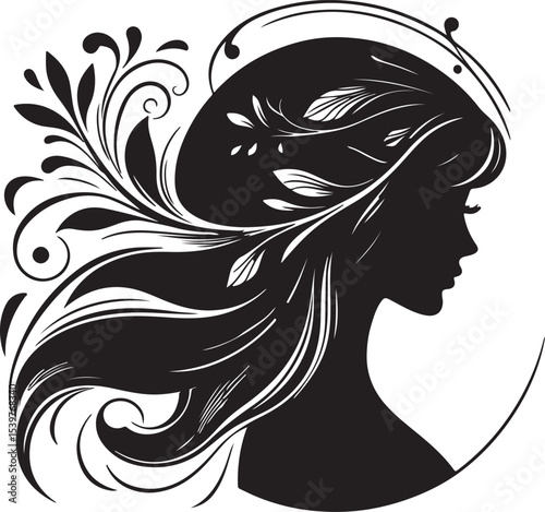 Elegant female silhouette with floral flowing hair in vector style – perfect for beauty salons, haircare branding, spa logos, and feminine designs.

