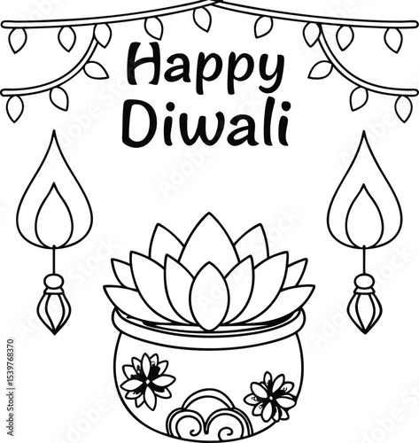 Happy diwali line art illustration isolated on white background