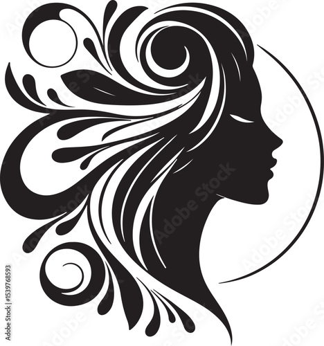 Elegant female silhouette with floral flowing hair in vector style – perfect for beauty salons, haircare branding, spa logos, and feminine designs.

