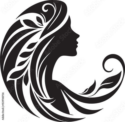 Elegant female silhouette with floral flowing hair in vector style – perfect for beauty salons, haircare branding, spa logos, and feminine designs.

