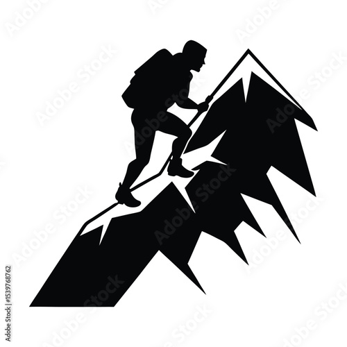 Silhouette of a person climbing snowy ridge