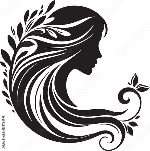 Elegant female silhouette with floral flowing hair in vector style – perfect for beauty salons, haircare branding, spa logos, and feminine designs.

