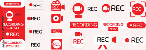 Recording icons set. Camera video recording icon. Noise, Rec symbol. Red recording icon, vector illustration