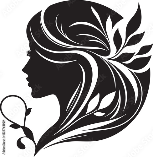 Elegant female silhouette with floral flowing hair in vector style – perfect for beauty salons, haircare branding, spa logos, and feminine designs.

