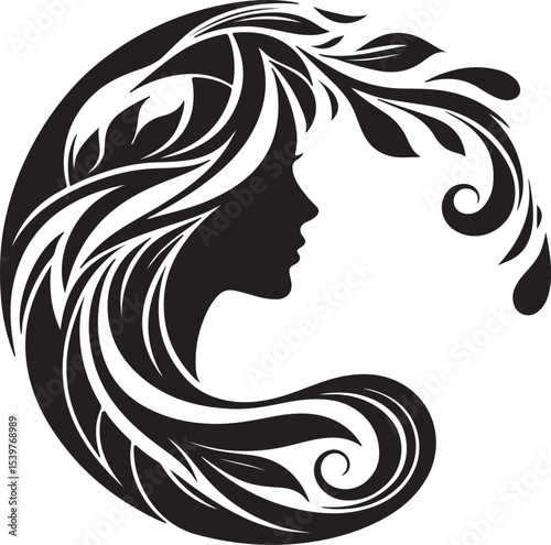 Elegant female silhouette with floral flowing hair in vector style – perfect for beauty salons, haircare branding, spa logos, and feminine designs.

