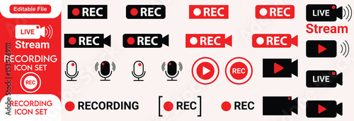 Recording sign icon. Red logo camera video recording symbol, rec icon set