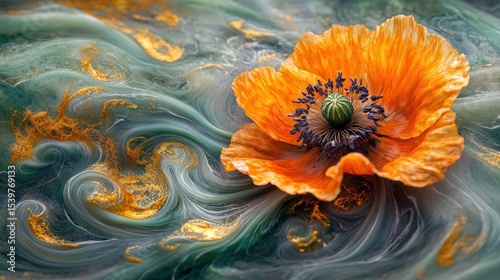 A close-up of a poppy flower Background turns into abstract swirls of green and gold colors, creating a feeling of warmth and lightness reminiscent of a windy summer day.