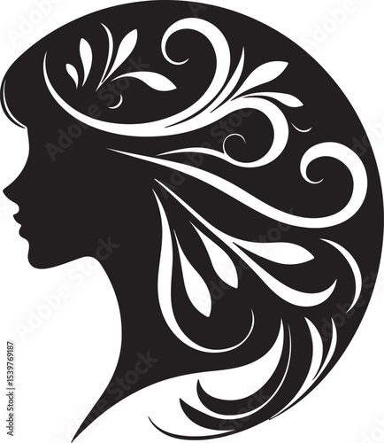 Elegant female silhouette with floral flowing hair in vector style – perfect for beauty salons, haircare branding, spa logos, and feminine designs.

