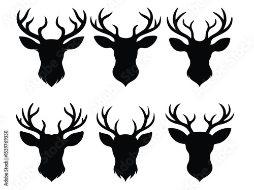 Set of black deer head silhouette icons with antlers on white background.