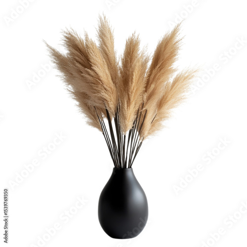 Pampas grass in black vase on transparent background.