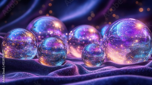 Close-up of a collection of iridescent glass balls in various sizes, with intricate designs and colors that shift from purple to gold, resting on a velvet background.