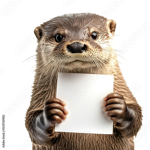 Playful otter holding blank paper in natural environment close-up perspective wildlife photography