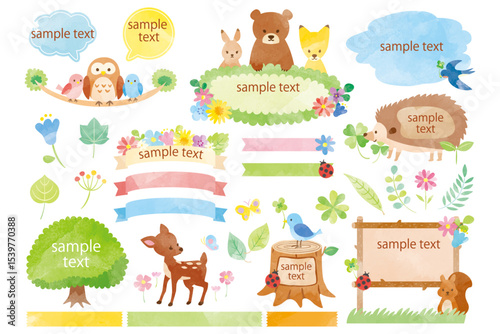 Cute Forest Animals and Plants Whimsical Illustration with Text Boxes