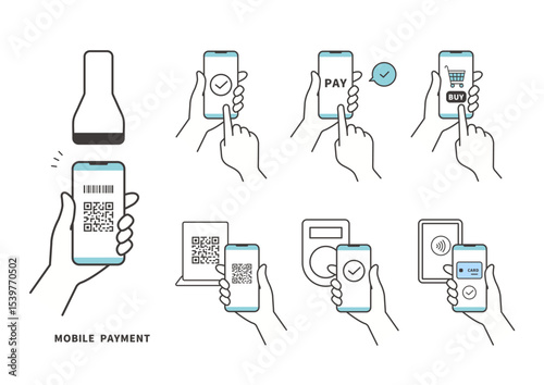 スマートフォンでのQRコード決済と非接触支払いのアイコンセット（ベクター）	