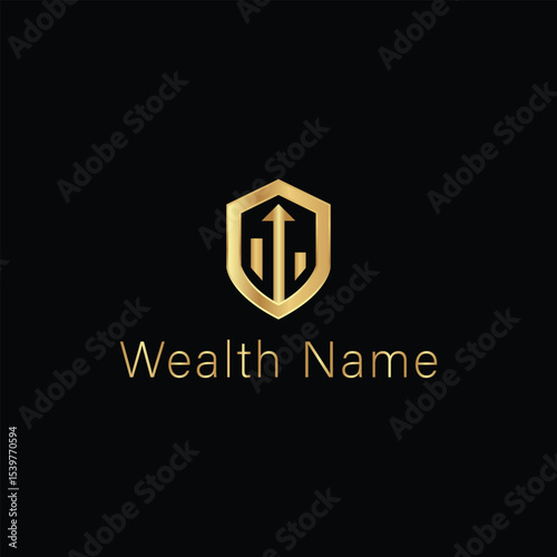 Golden Wealth Shield: An elegant golden logo featuring a shield with an upward-pointing arrow symbolizes growth and security in wealth management on dark background.