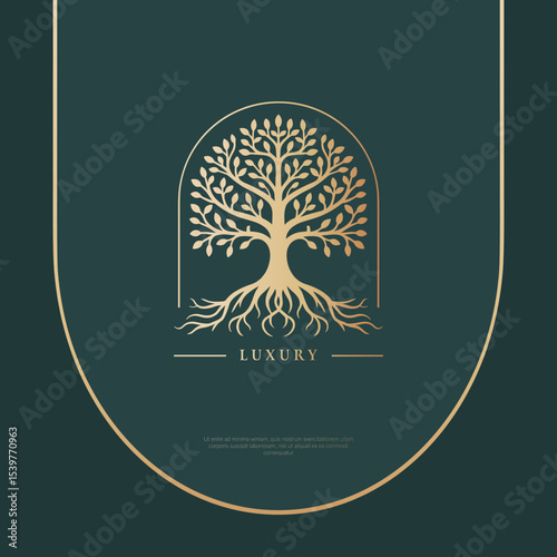 Abstract golden tree emblem on a dark green background. Modern illustration. Isolated vector. Great for logo, monogram, invitation, flyer, menu, brochure or any desired idea.