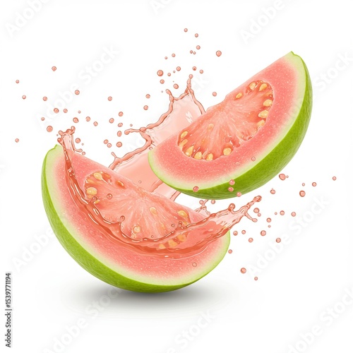 Juicy Guava Slices Splashing, Refreshing Tropical Fruit Juice