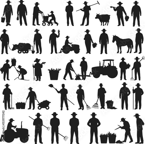 Farming Silhouette Collection in Grid Layout Featuring Farmers, Tools, and Equipment