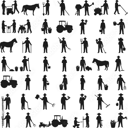 Farming Silhouette Collection in Grid Layout Featuring Farmers, Tools, and Equipment