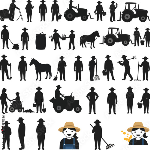 Farming Silhouette Collection in Grid Layout Featuring Farmers, Tools, and Equipment