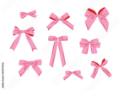 Simple hand drawn pink ribbon bow collection. Bowknot for decoration, big set of pinky bowtie. Large retro hand drawn
