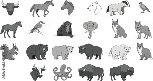 Black Animal Silhouette Grid Featuring Diverse Wildlife in Minimalist Vector Style