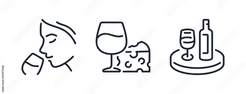 Wine tasting, sommelier, serving tray and cheese editable stroke outline icons set isolated on white background flat vector illustration. Pixel perfect. 64 x 64.