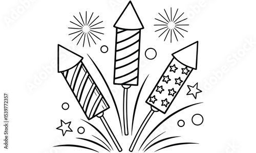 Three fireworks rockets line art illustration isolated on white background