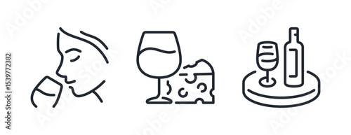 Wine tasting, sommelier, serving tray and cheese editable stroke outline icons set isolated on white background flat vector illustration. Pixel perfect. 64 x 64.