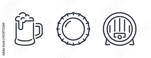 Beer glass, bottle cap and wooden barrel editable stroke outline icons set isolated on white background flat vector illustration. Pixel perfect. 64 x 64.