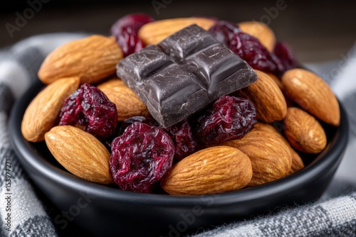 Healthy snack bowl filled with almonds dark chocolate and dried cranberries displayed on a checkered cloth creating an appetizing and nutritious culinary delight