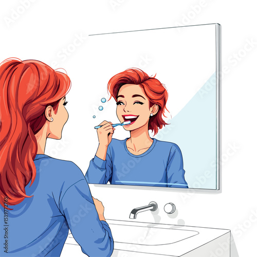 Vsai young woman brushing teeth and smiling at her reflection in bathroom mirror