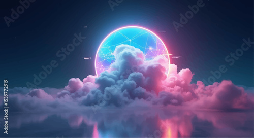 A bright rainbow arcs across the blue sky, blending into a dreamlike cloudscape with hints of distant planets and the moon's soft light