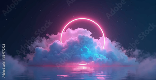 Enchanting fountains at night under a beautiful moonlit sky with abstract blue light on the water