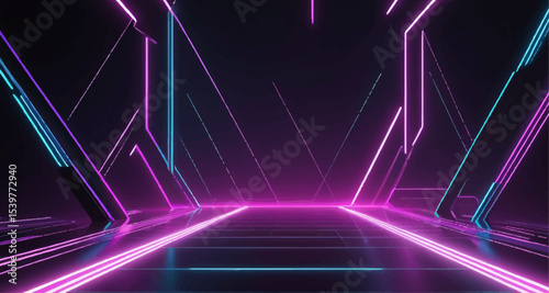 Bright glowing blue light trails illuminate a dark stage, creating a dynamic abstract design of energetic laser patterns and star-like flashes