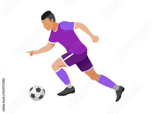 Dynamic 3D illustration of a soccer player in action, kicking the ball powerfully during a competitive game