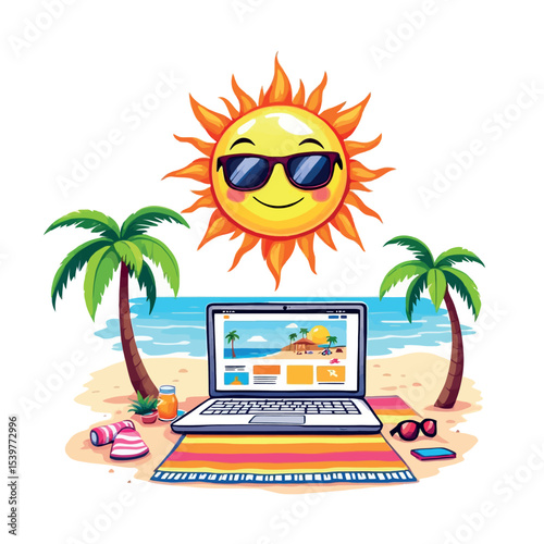 Vsai laptop showing tropical beach on screen is enjoying summer sun on the beach