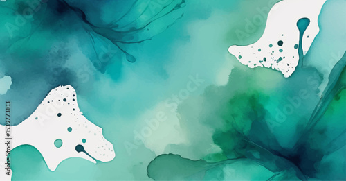 Abstract blue watercolour painting of an underwater world map with jellyfish, fish, and other marine animals creating a vibrant, artistic ocean pattern