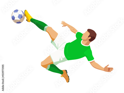 Cartoon boy soccer player kicking ball on field