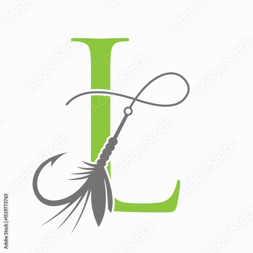 Fishing Logo On Letter L Concept With Fishing Hook And Fishing Lure Symbol