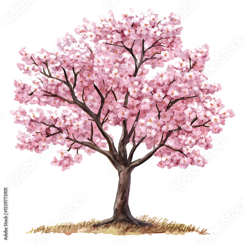 Watercolor cherry blossom tree in full bloom isolated on transparent background