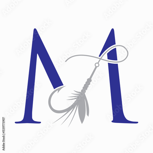 Fishing Logo On Letter M Concept With Fishing Hook And Fishing Lure Symbol