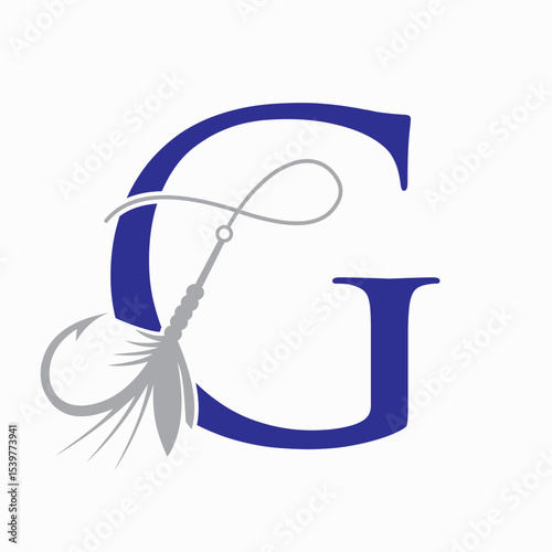 Fishing Logo On Letter G Concept With Fishing Hook And Fishing Lure Symbol