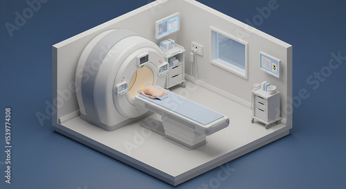MRI machine in a sterile medical clinic with a patient lying on the examination table. Isometric view of a medical equipment room with a patient prepped for a scan.