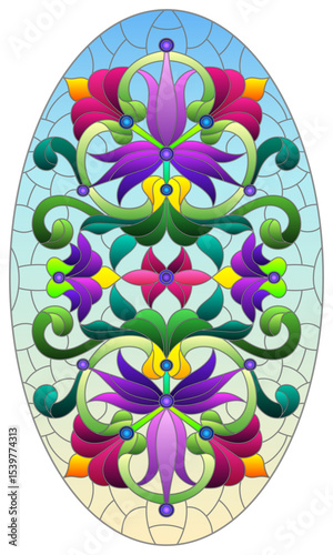 Illustration in stained glass style with abstract flowers, leaves and curls on a blue background,  horizontal oval image