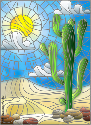 The illustration in stained glass style painting with desert landscape, cactus in a lbackground of dunes, sky and sun