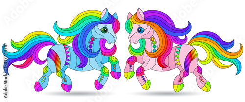 A set of stained glass illustrations with cute horses, isolated animals on a white background