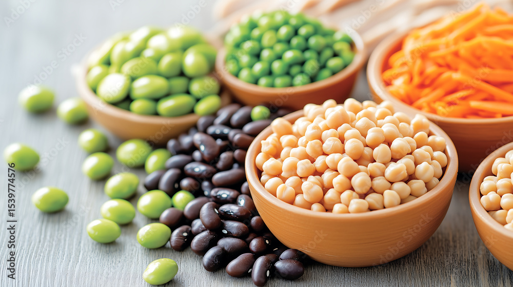 Protein-rich food assortment featuring chickpeas, edamame, black beans, and carrot slices, perfect for a healthy and nutritious meal Protein-rich food assortment featuring chickpeas, edamame, black beans, and carrot slices, perfect for a healthy and nutritious meal