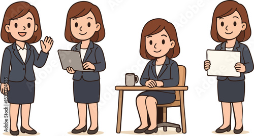 Web cartoon, character, businesswoman waving, laptop, presentation